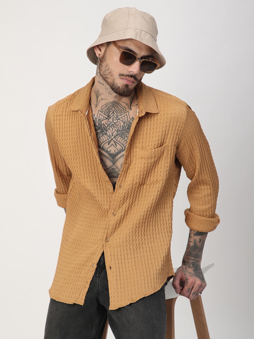 VASTRADO Men Classic Fit Spread Collar Textured Casual Shirt