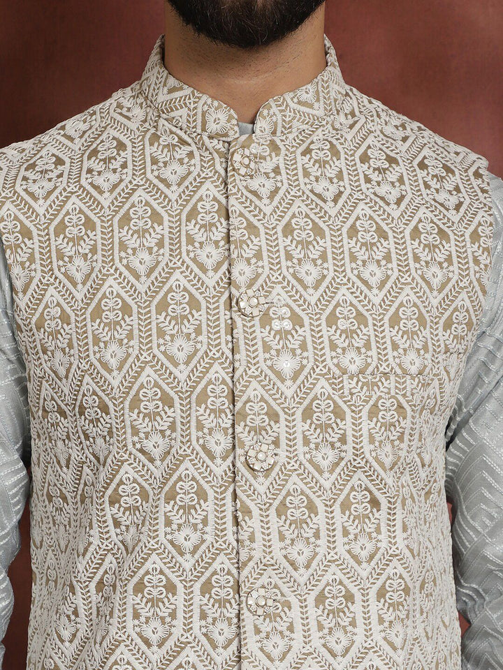 Anouk Embroidered Regular Thread Work Kurta With Churidar & Nehru Jacket