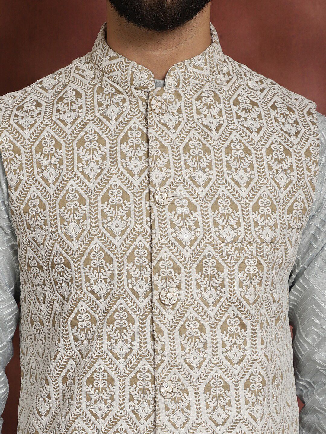 Anouk Embroidered Regular Thread Work Kurta With Churidar & Nehru Jacket
