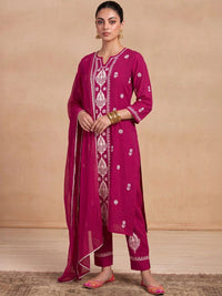 Rumah Wanita Chikankari Motif Etnik Bersulam Benang Biasa Kurta Kerja dengan Seluar & Dengan Dupatta