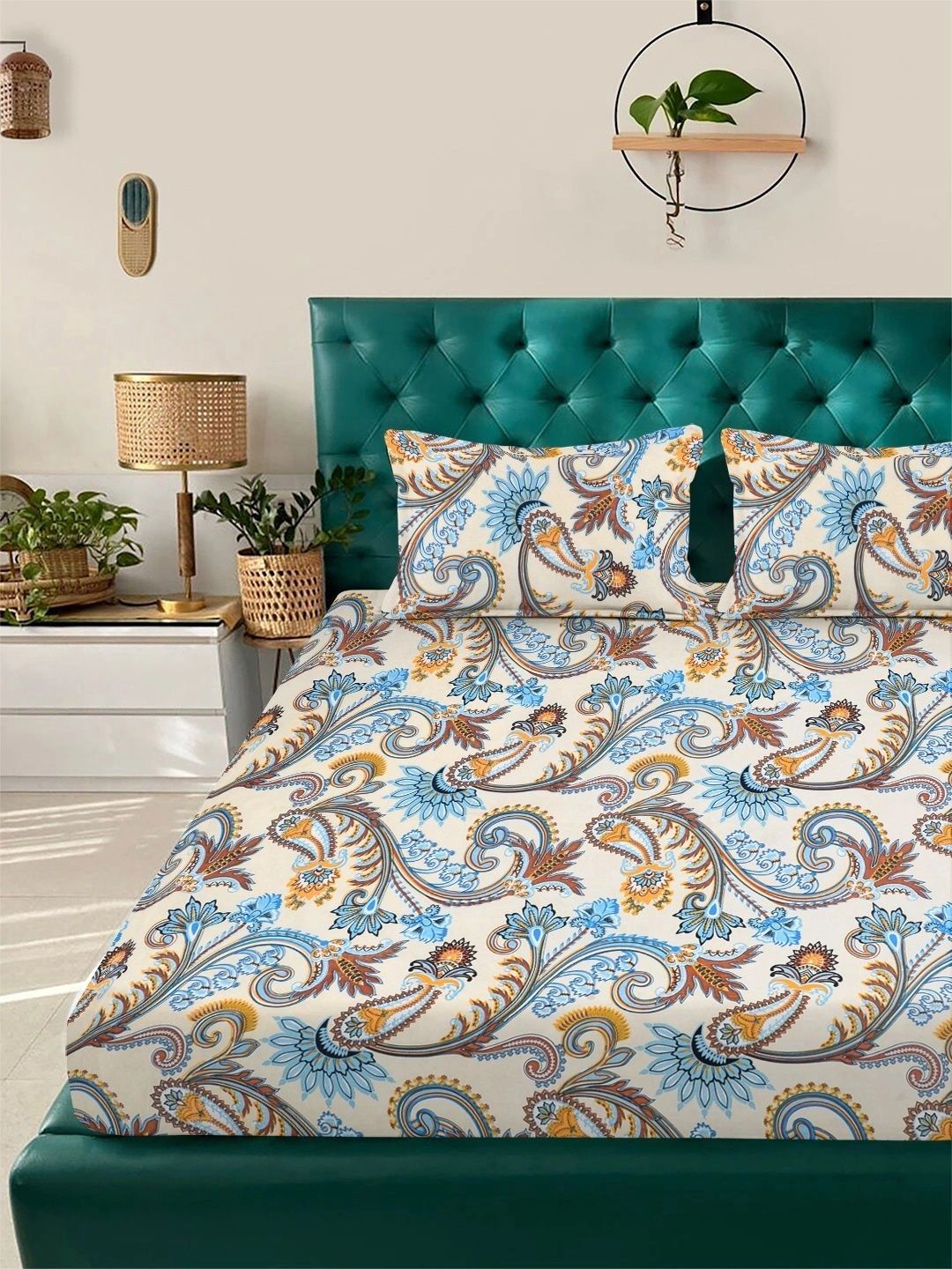 Myntra Elegant Homes Blue & White Floral 300 TC King Bedsheet with 2 Pillow Covers