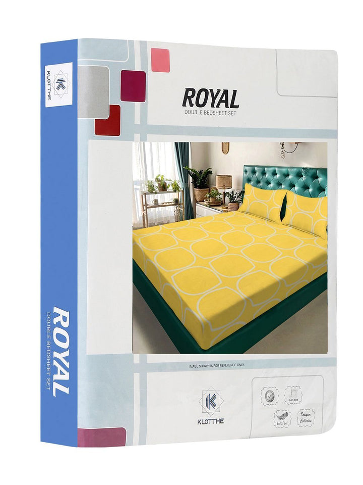 KLOTTHE Yellow Geometric Printed Flat 300 TC Double King Fine Bedsheet With 2 Pillow Cover