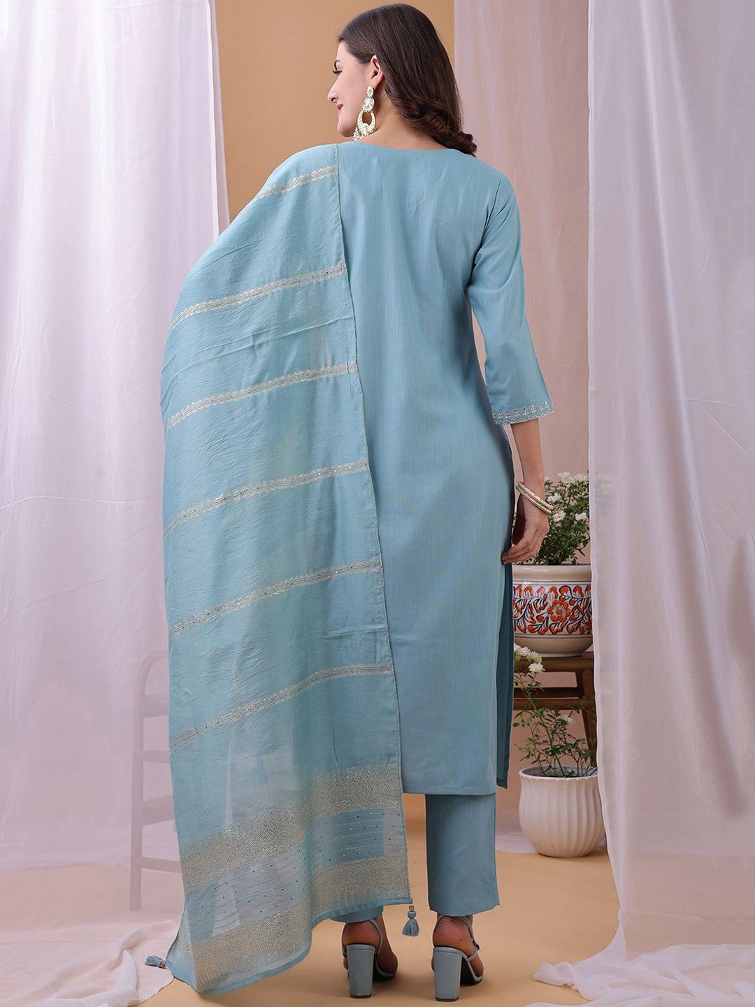 KALINI Yoke Design Sequinned Straight Kurta With Trousers And Dupatta