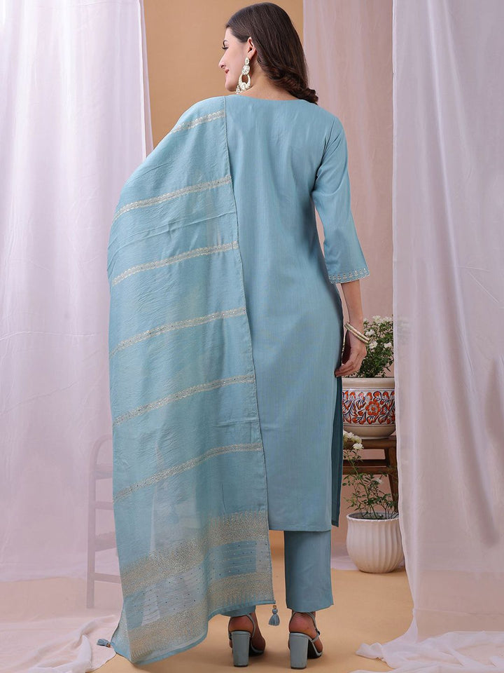KALINI Yoke Design Sequinned Straight Kurta With Trousers And Dupatta