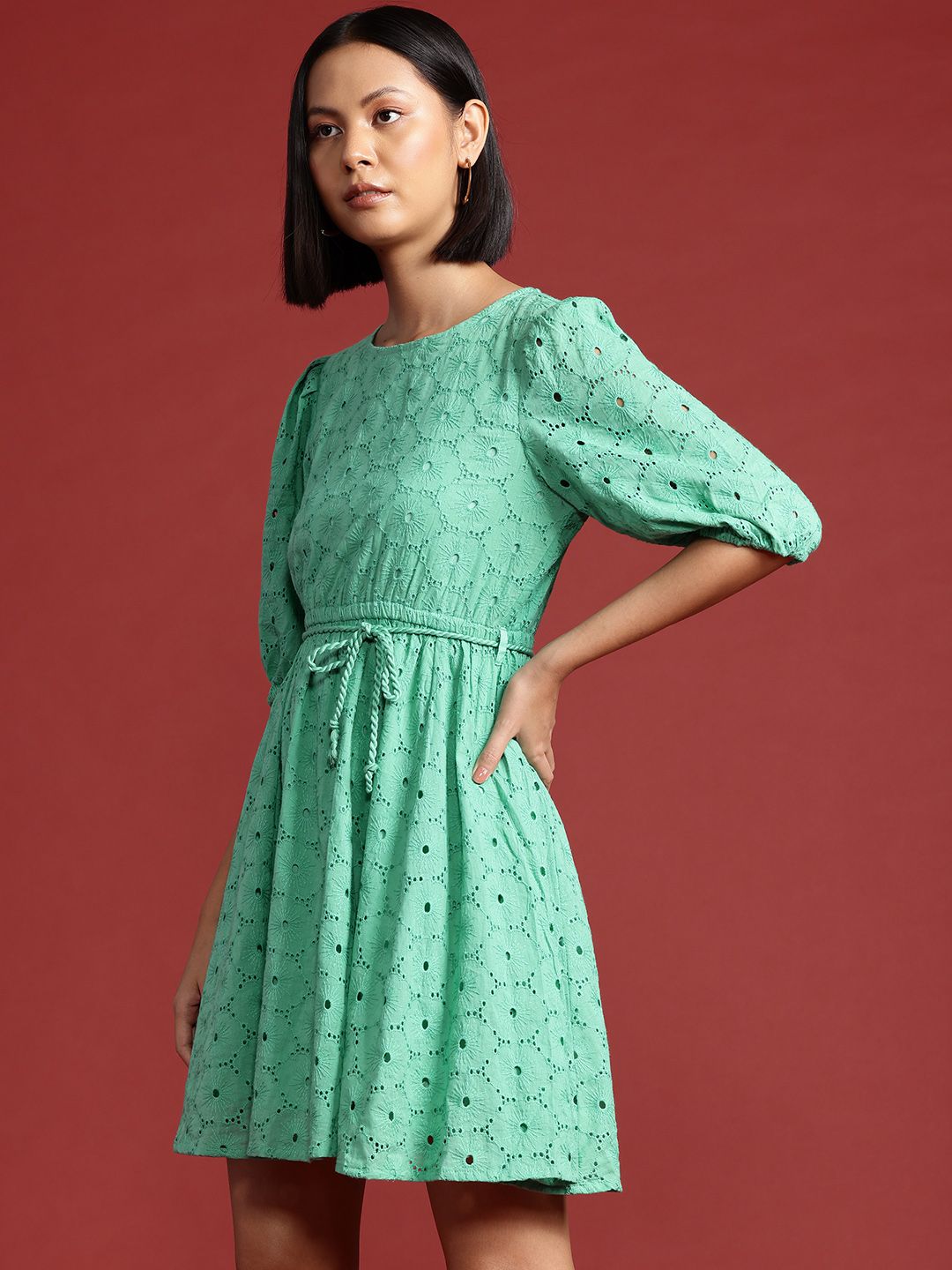 all about you Schiffli Detail Pure Cotton Fit & Flare Mini Dress