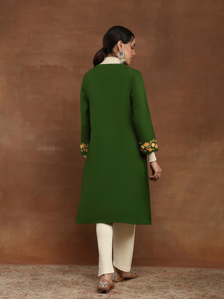 House of Chikankari Women Green Woolen Aari Sulam Kurta