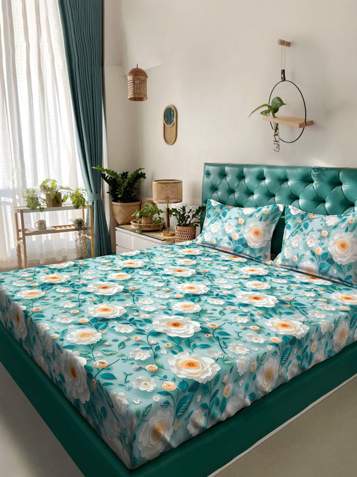 KLOTTHE Turquoise Blue Floral Printed Flat 300 TC King 7D Bedsheet With 2 Pillow Cover