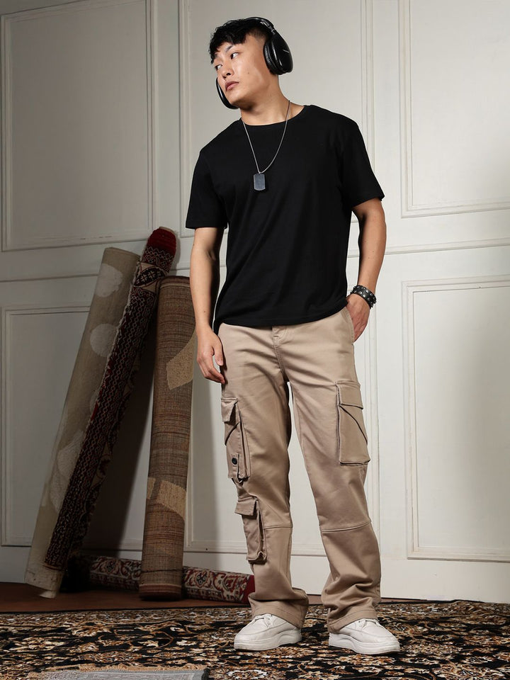 Eszett Men Cream High-Rise Easy Wash Cotton Cargos Seluar Biasa Fit