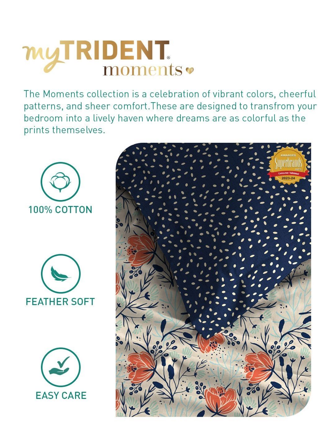 MYTRIDENT Aster Blue Moments Flat 120TC Queen Cotton 1 Bedsheet with 2 Pillow Covers