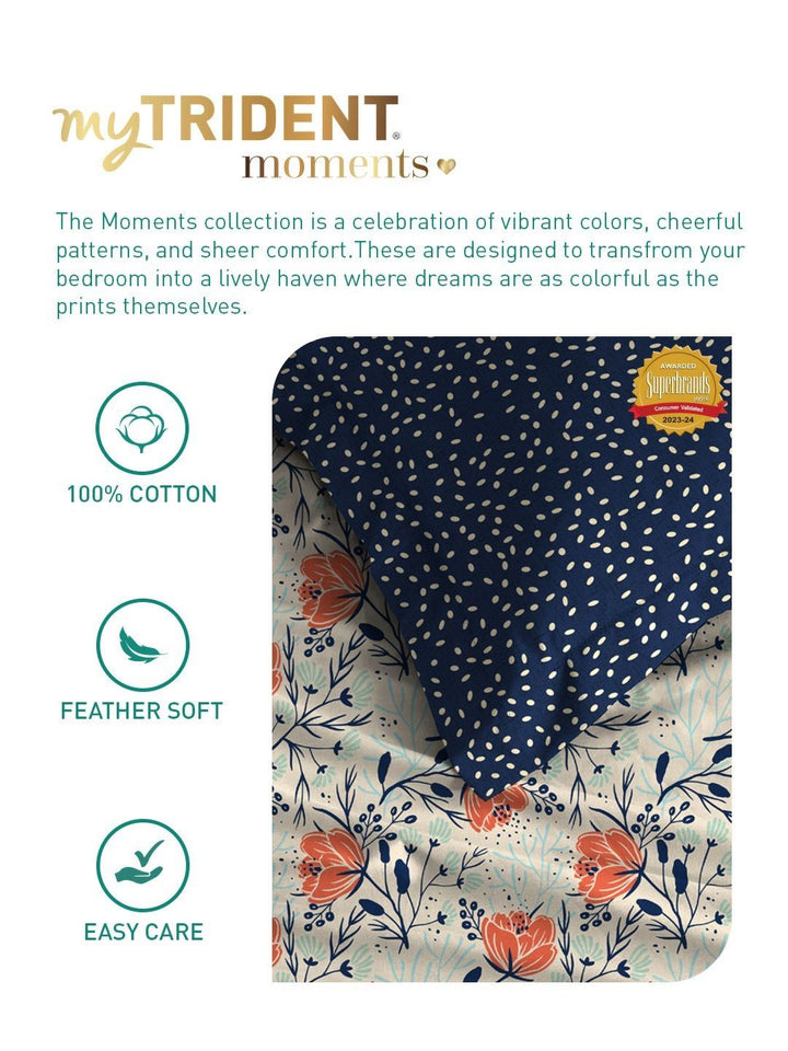 MYTRIDENT Aster Blue Moments Flat 120TC Queen Cotton 1 Bedsheet with 2 Pillow Covers