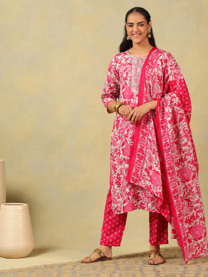 Mamicha Women Floral Printed Regular Thread Work Pure Cotton Kurta with Trousers & With Dupatta