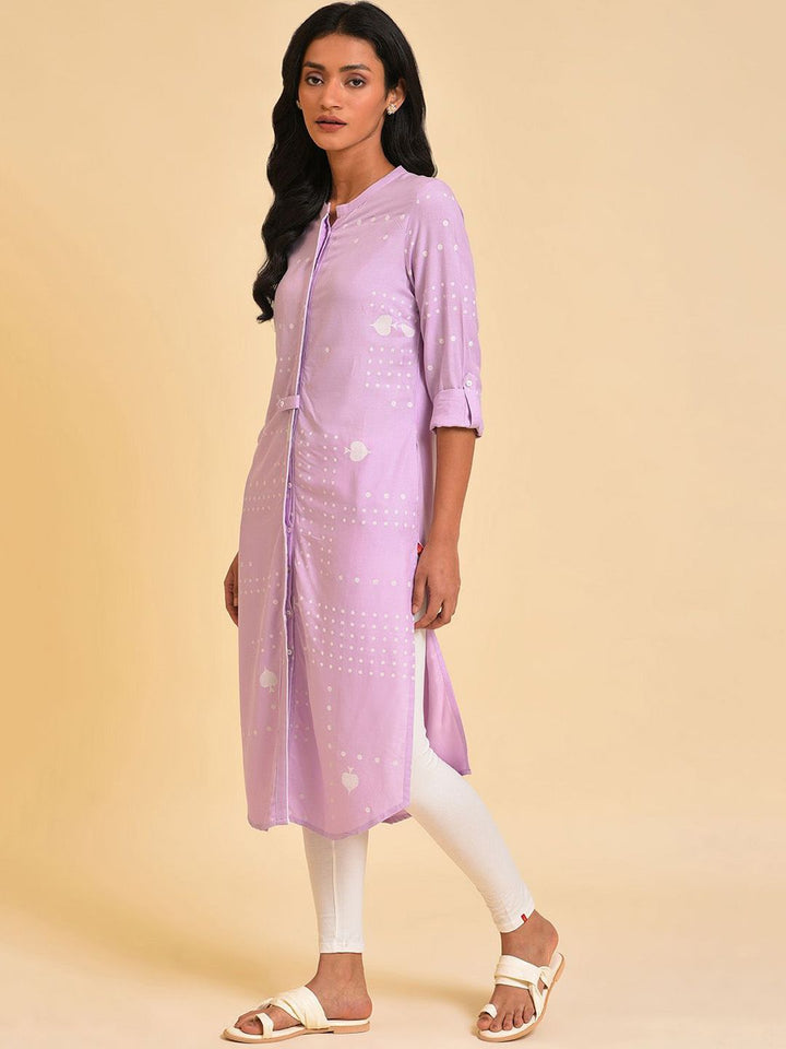 W Women Geometric Printed Mandarin Collar Roll-Up Sleeves Straight Kurta