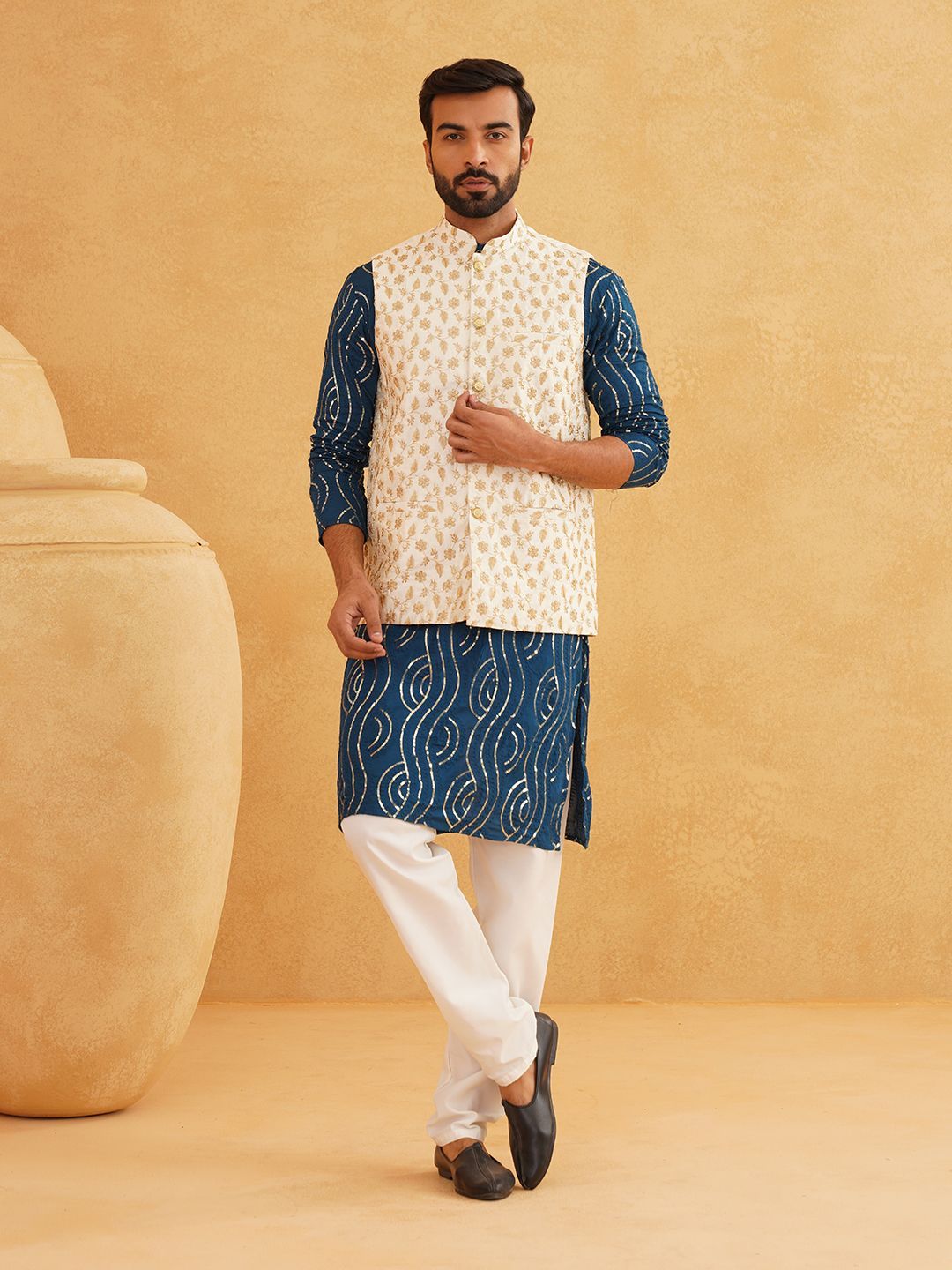 SOJANYA Leheriya Sequinned Band Collar Pure Cotton Kurta With Churidar And Nehru Jacket
