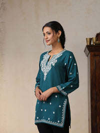 House of Chikankari Women Teal Woollen Aari Embroidered Kurti