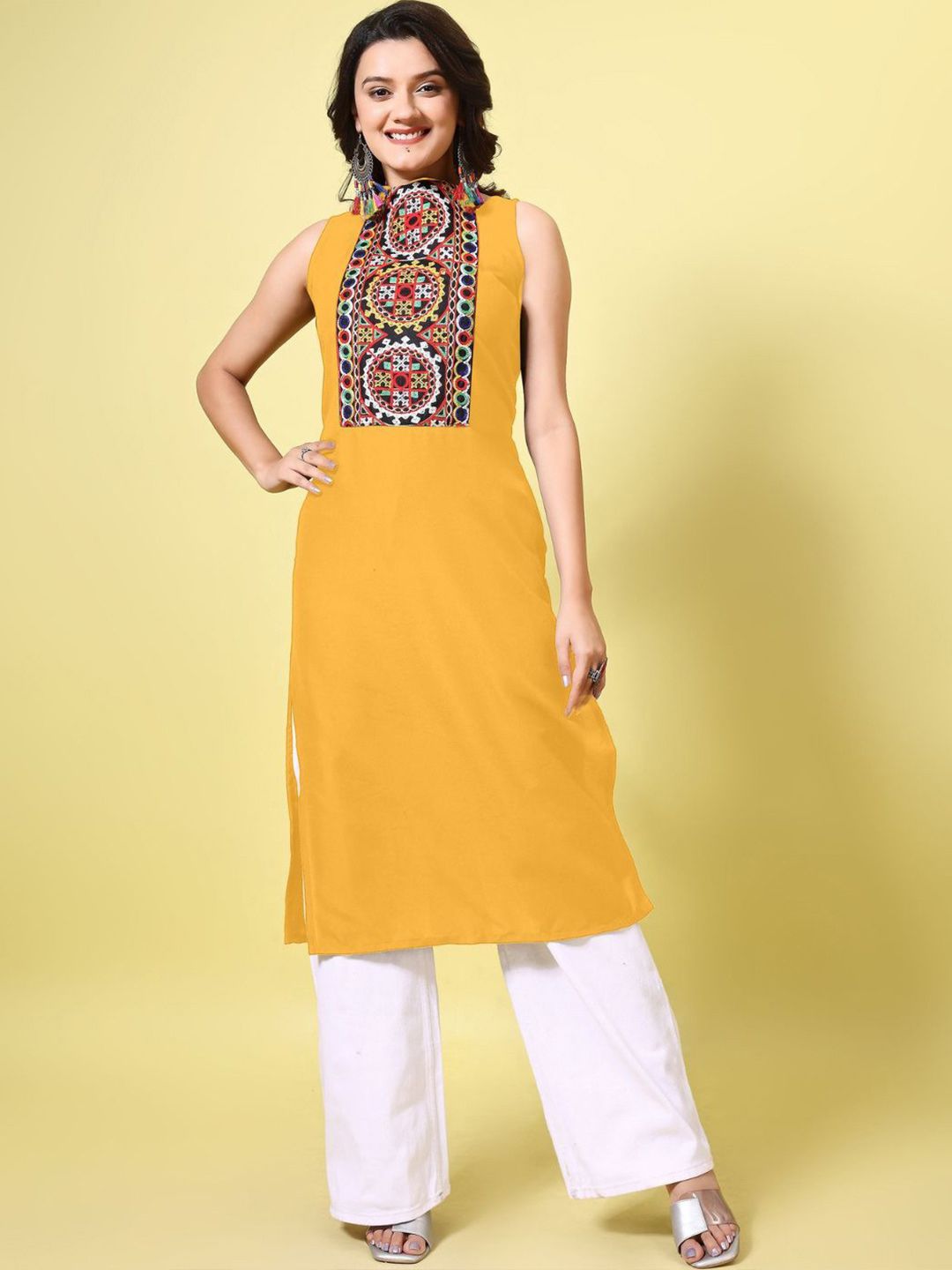 KALINI Women Cotton Blend Embroidered High Neck Straight Kurta