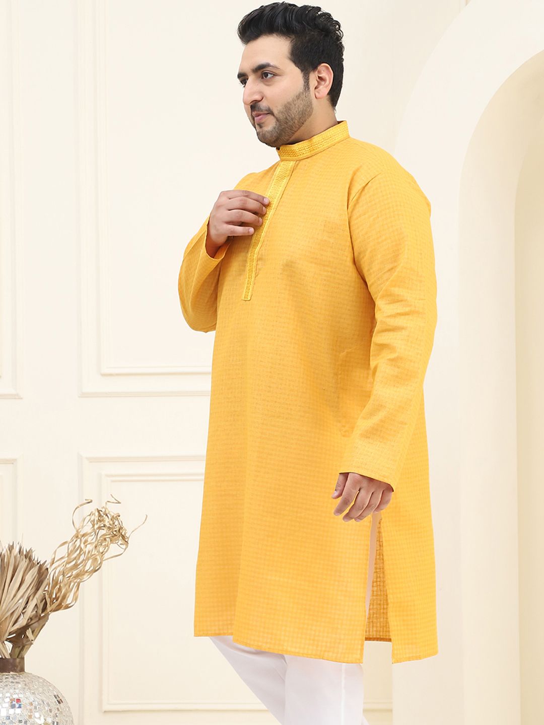 SOJANYA PLUS Kurta Kapas Lurus Rekaan Tenunan Berkolar Mandarin