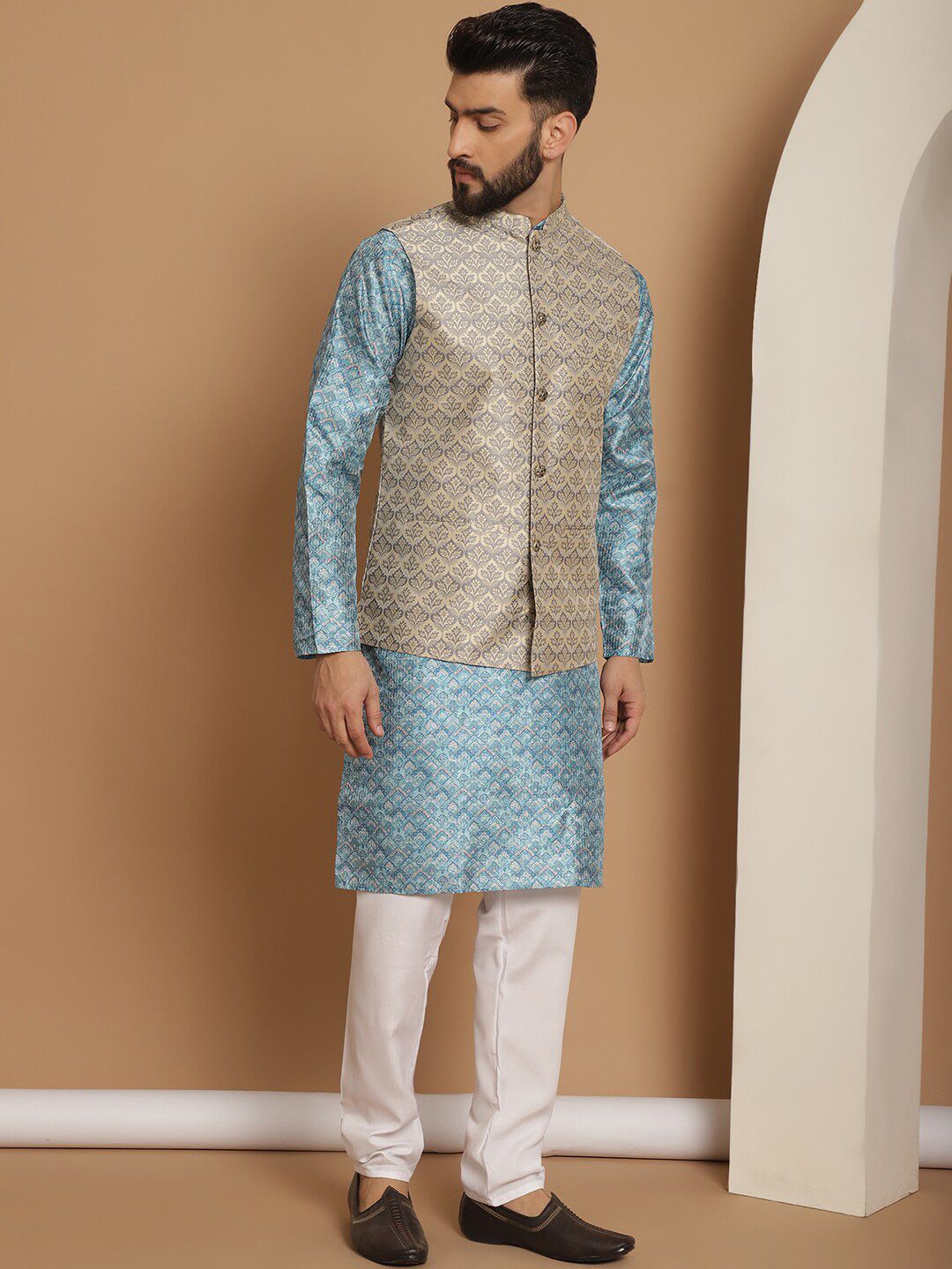 Anouk Woven Design Ethnic Motifs Regular Kurta with Churidar & Nehru jacket