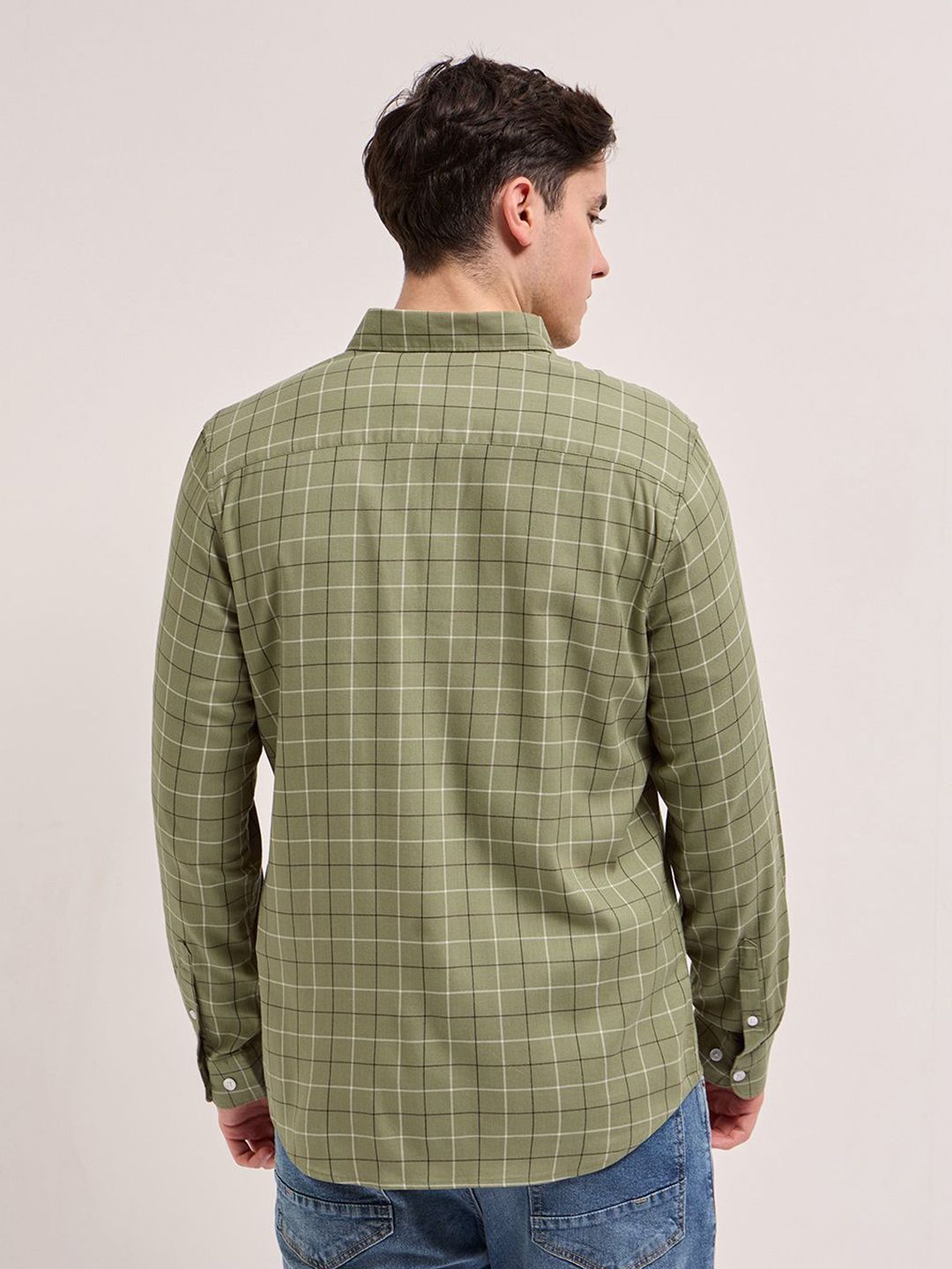 THE BEAR HOUSE Men Spread Collar Windowpane Checked Cotton Slim Fit Casual Shirt