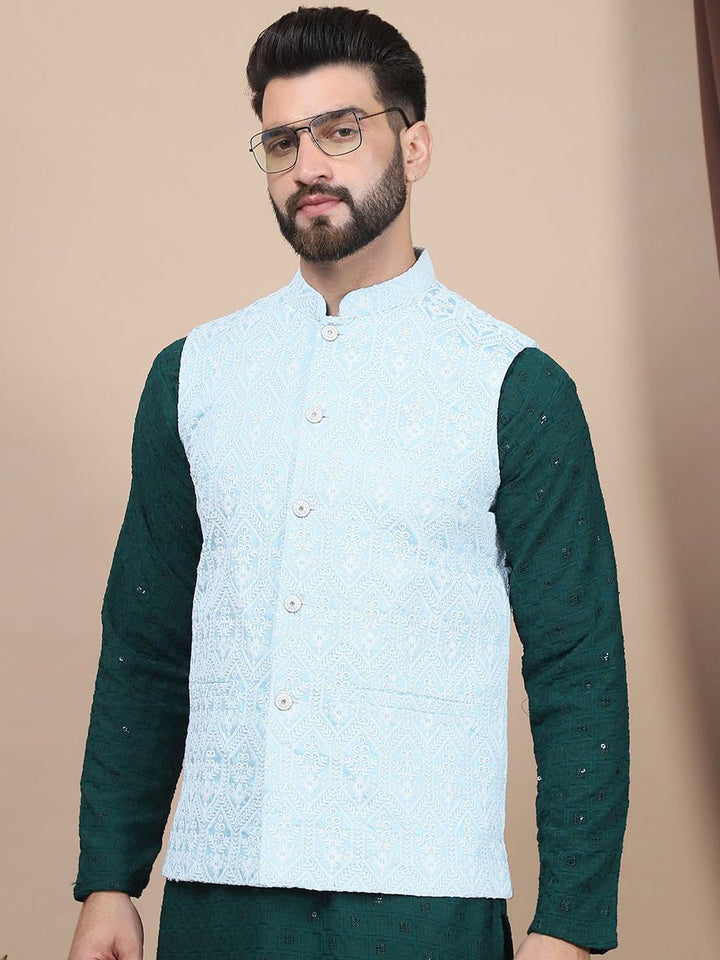 Anouk Floral Embroidered Sequinned Pure Cotton Straight Kurta With Churidar & Nehru Jacket