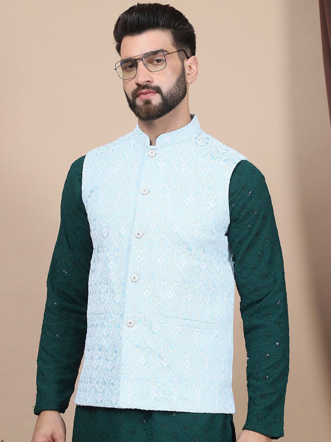 Anouk Floral Embroidered Sequinned Pure Cotton Straight Kurta With Churidar & Nehru Jacket