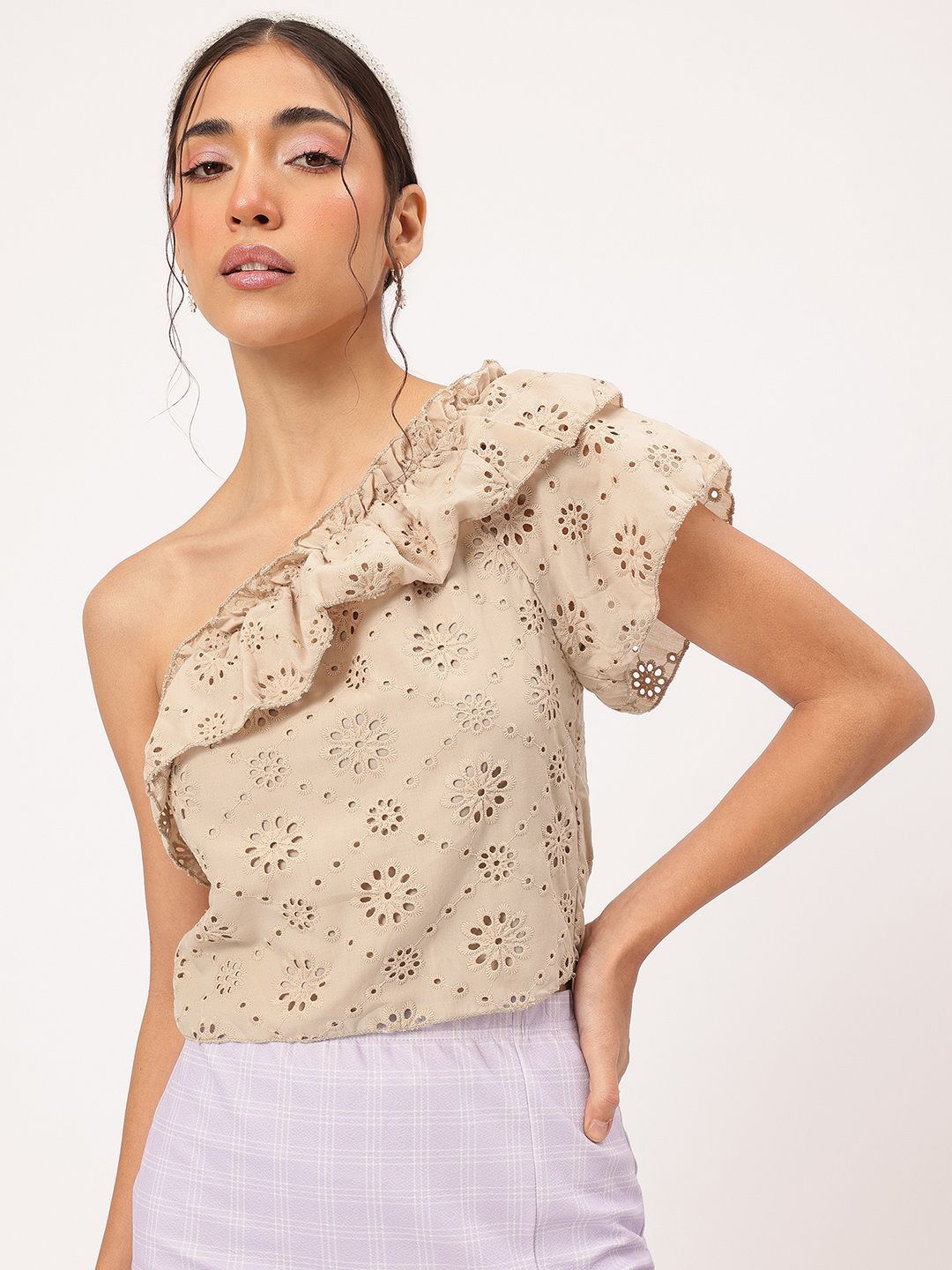 DressBerry Brunch Glamour One-Shoulder Schiffli Ruffled Top