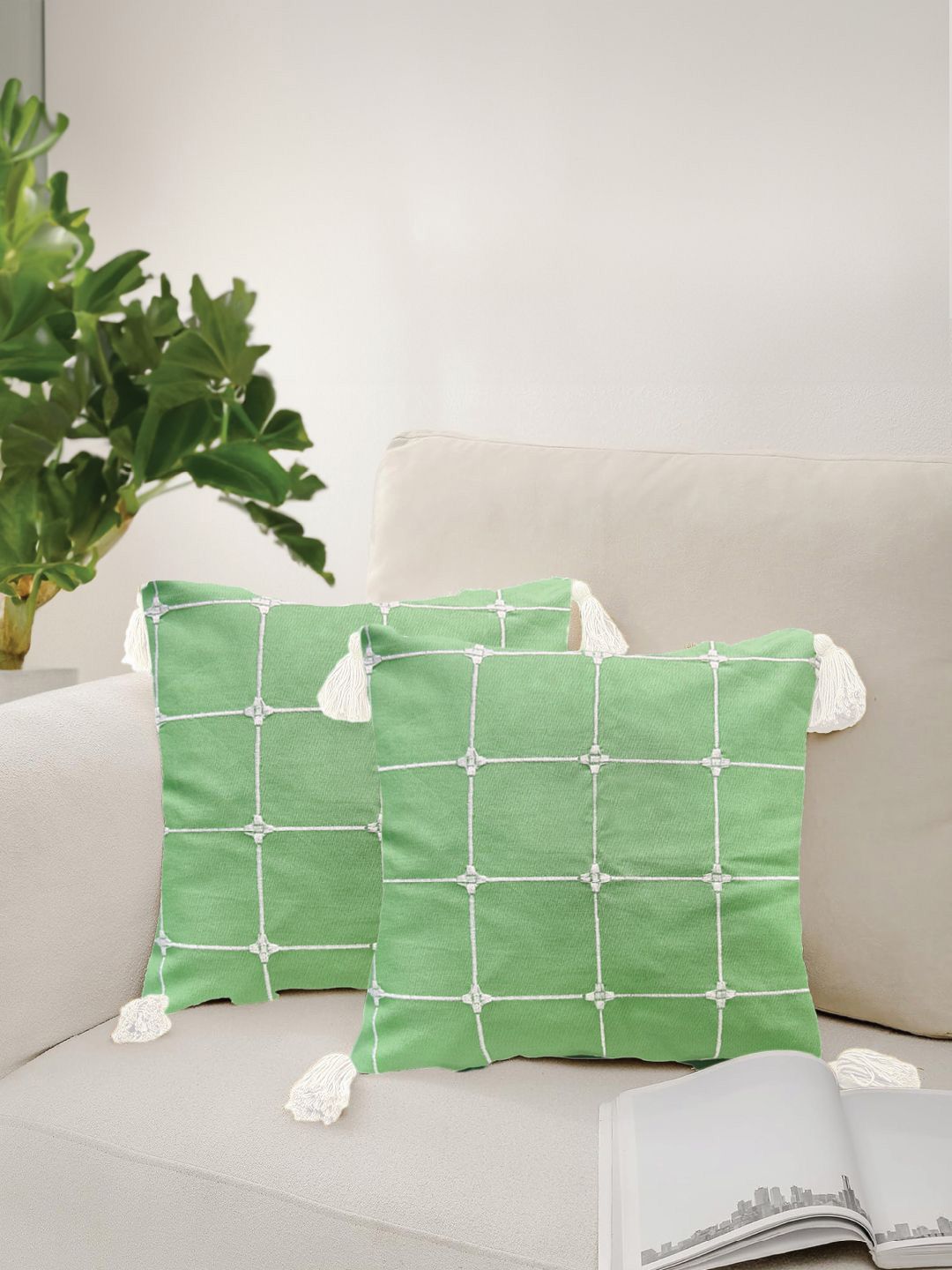 URBAN SPACE Green & White 2 Pieces Embroidered Square Cushion Covers