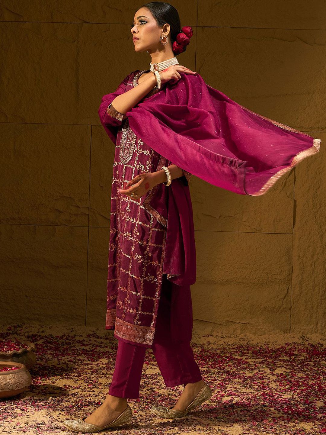 Indo Era Floral Embroidered Jacquard Straight Kurta With Trousers & Dupatta