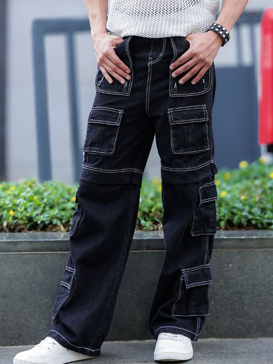 Eszett Lelaki Black Comfort Baggy Seluar Gaya Kargo Pertengahan