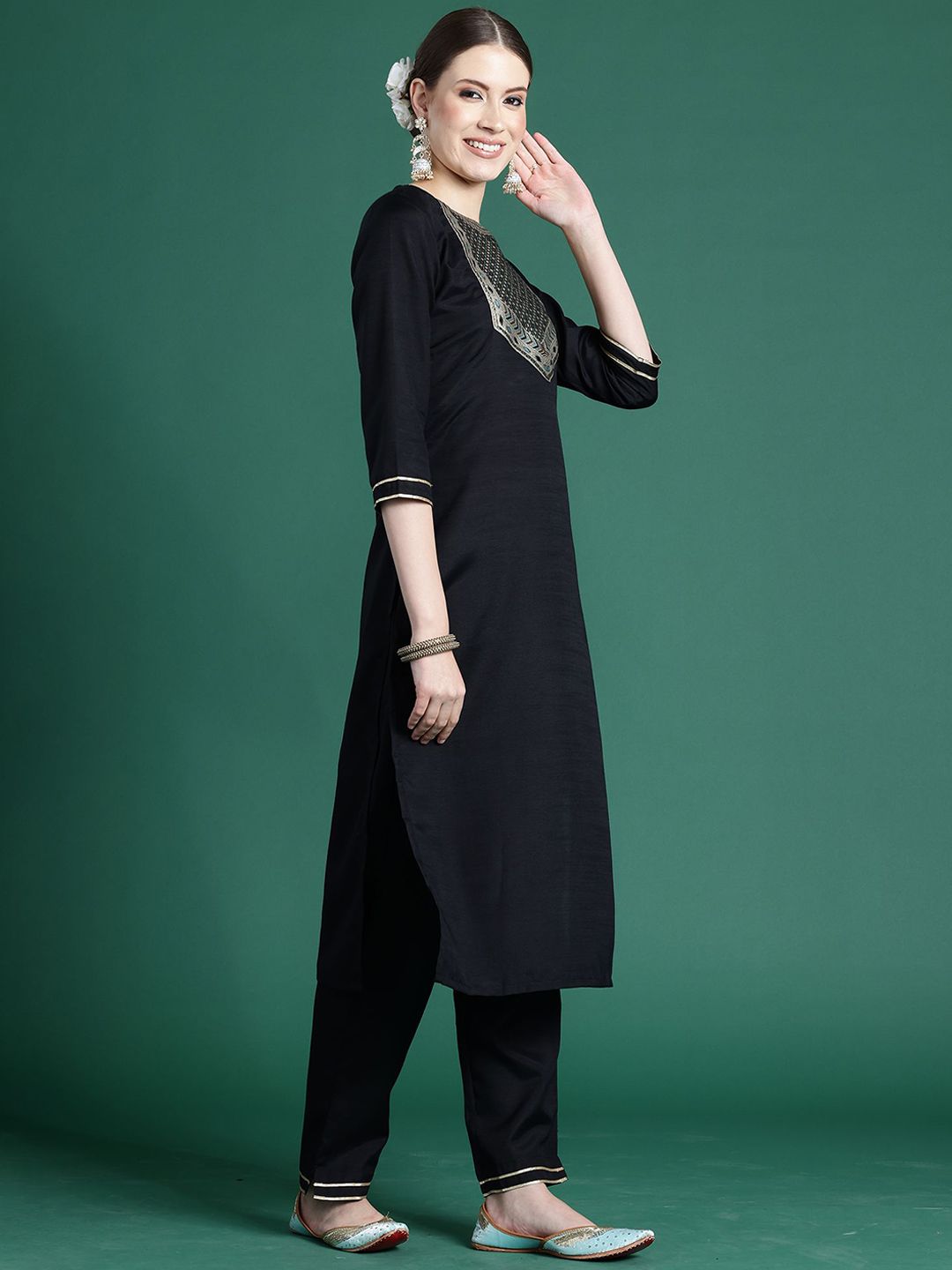 Indo Era Yoke Design Straight Pure Cotton Zari Kurta with Trousers & Dupatta
