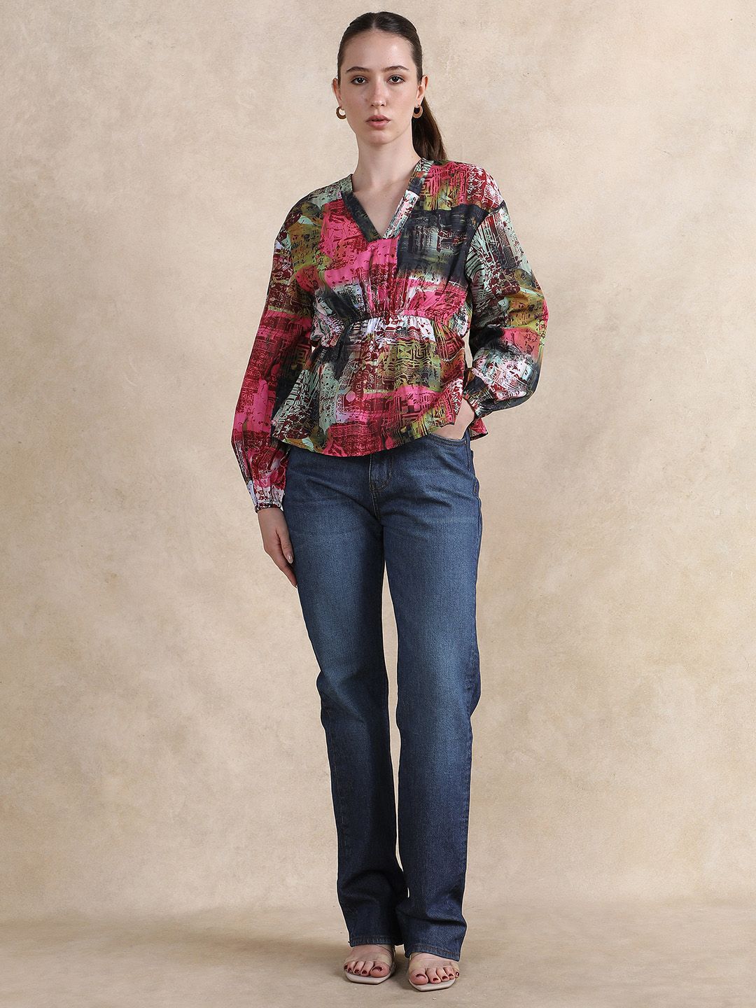 Rareism Women Abstract Abstract dicetak lengan lengan atas kapas