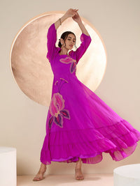 Antheaa Puff Sleeve Chiffon Emberoidered Maxi Dress