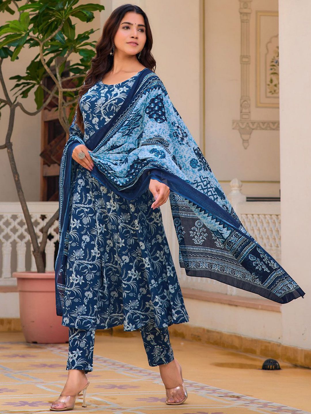 KALINI Floral Printed Straight Pure Cotton Kurta with Trousers & Dupatta