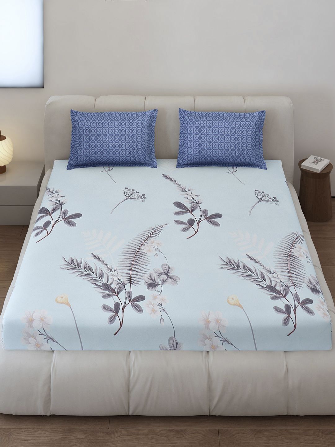 Monte Carlo Stanley Blue Floral Dicetak 144 TC King Bedsheet Set 1.85 m x 1.95 m