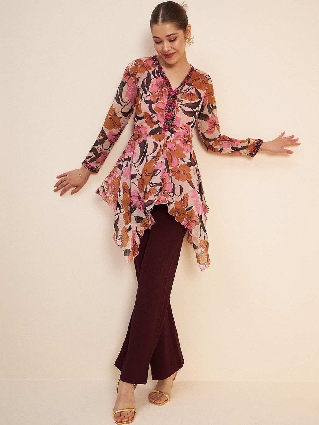Antheaa Pink & Brown Printed Embellished Top & Trousers