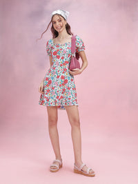 DressBerry Floral Printed Puff Sleeve A-Line Dress