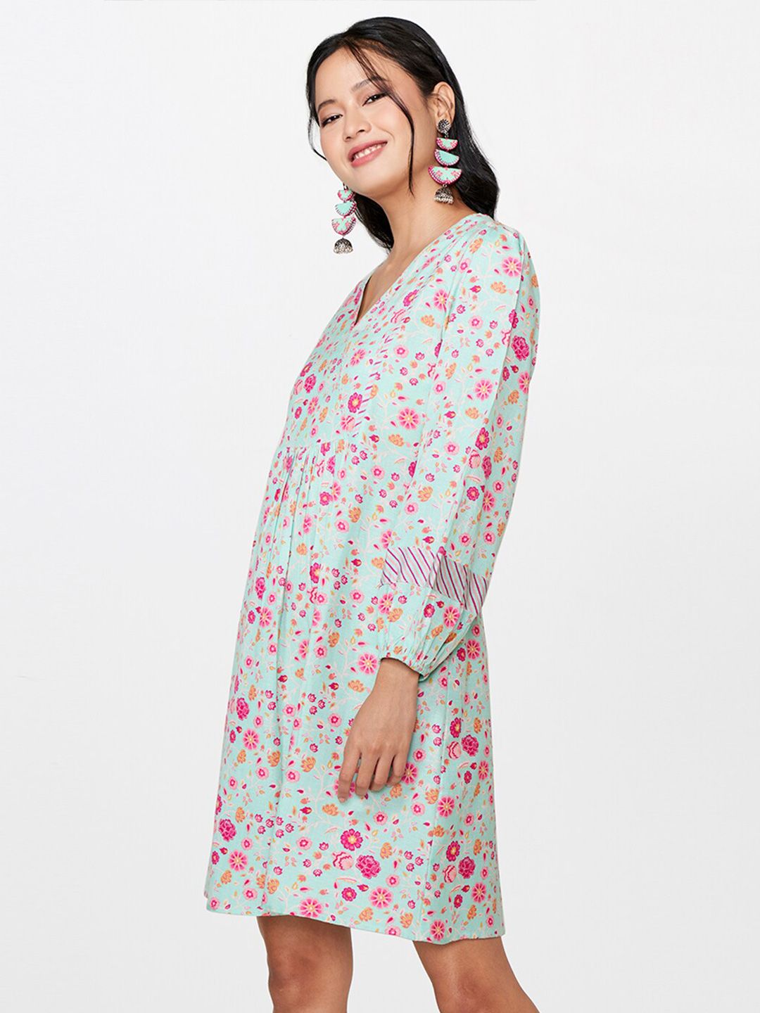 Global Desi Floral Printed Puff Sleeves A-Line Dress