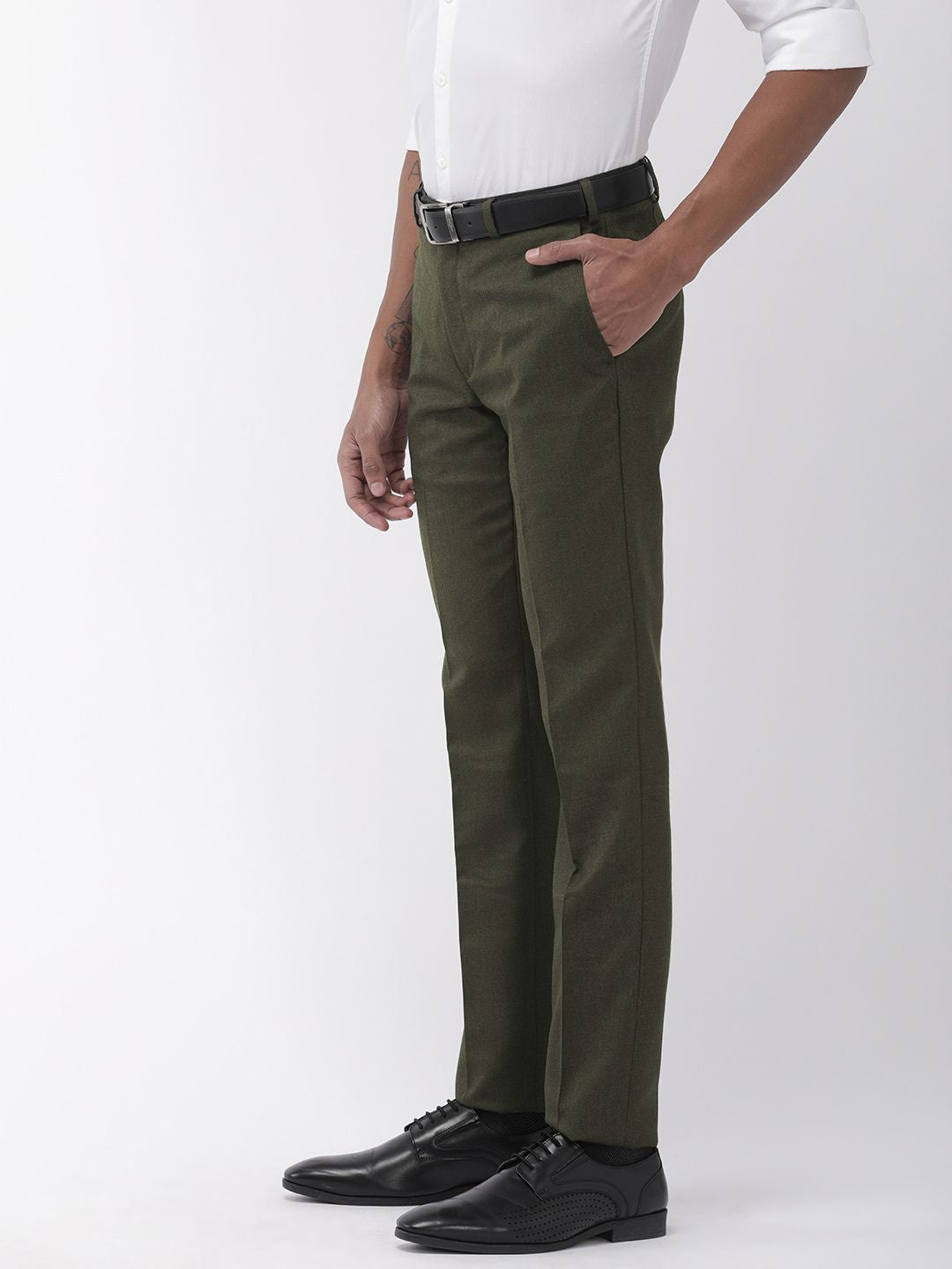 Raymond Men Olive Green Slim Fit Solid Formal Trousers