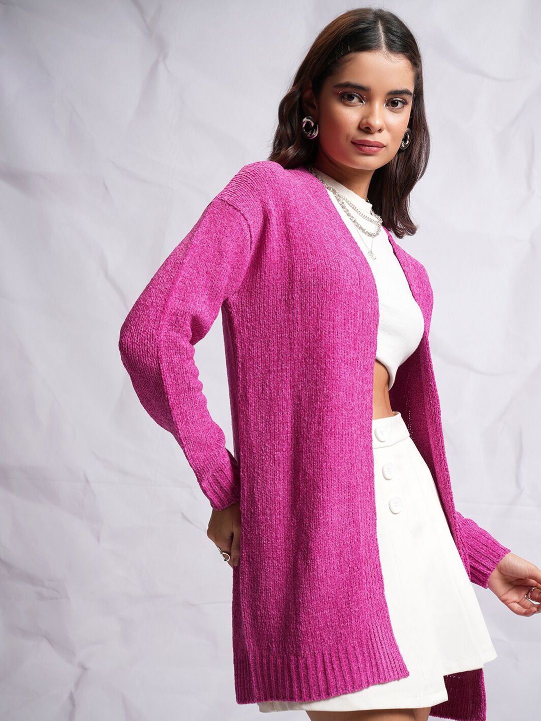 Tokyo Talkies Relaxed Fit Self Design Longline Acrylic Front-Open Sweater