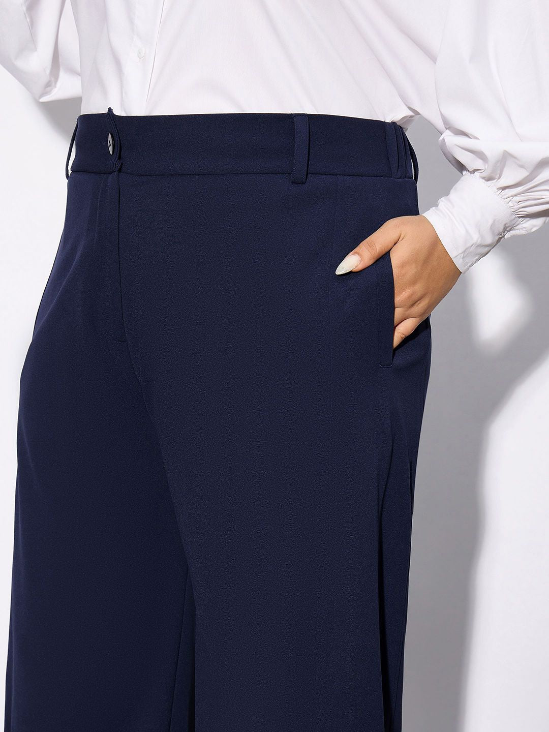 SASSAFRAS Curve Women Plus Size Navy Blue Straight Fit Hem Button Detail Parallel Trousers