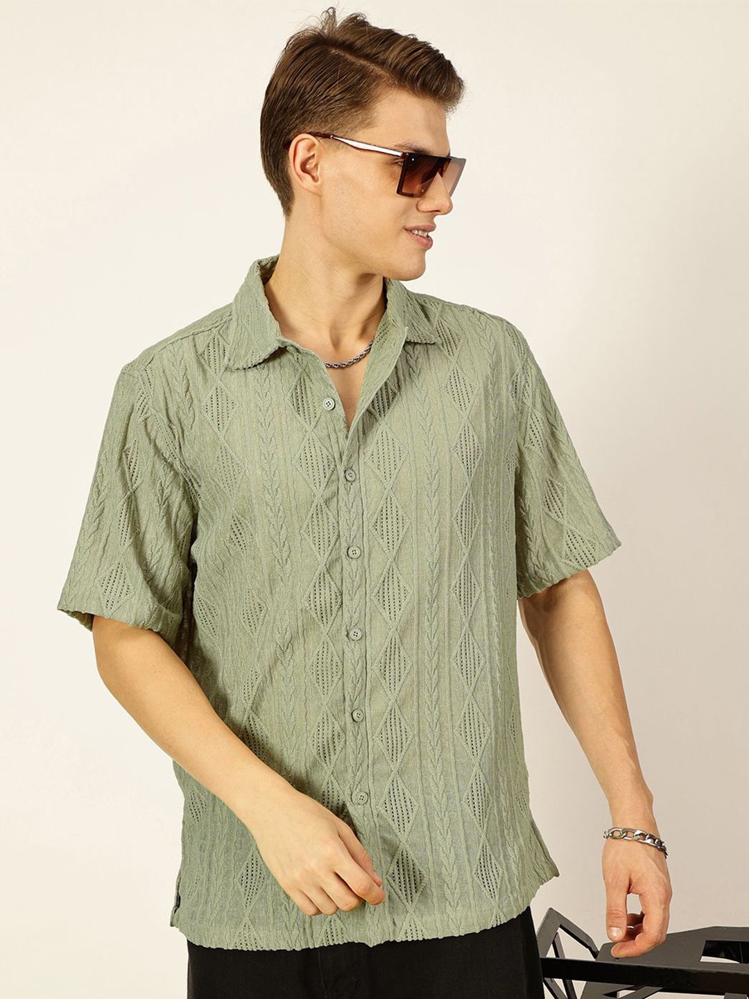 Thomas Scott Men Premium Spread Collar Textured Oversized Casual Shirt