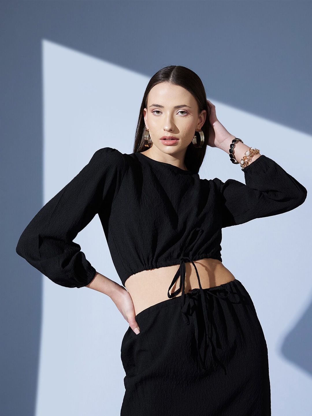STREET 9 Black Puffed Sleeves Tie-Ups Jacquard Blouson Crop Top