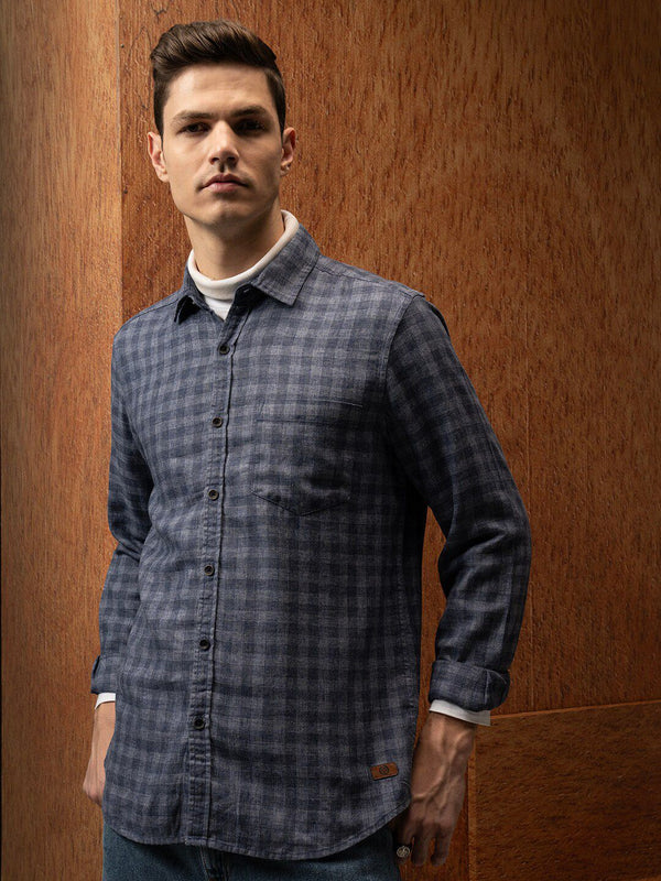 LOCOMOTIVE Premium Relaxed Fit Linen Blend Textured Checked Shirt