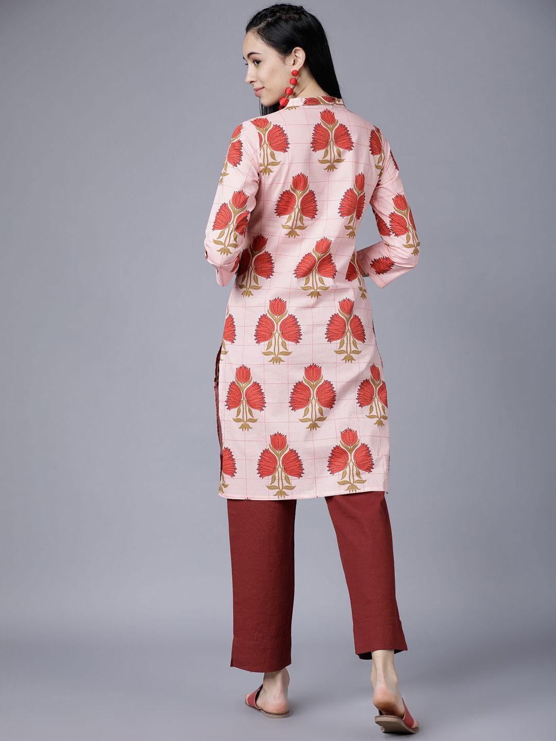 Vishudh Coral Floral Printed Mandarin Collar Straight Kurta