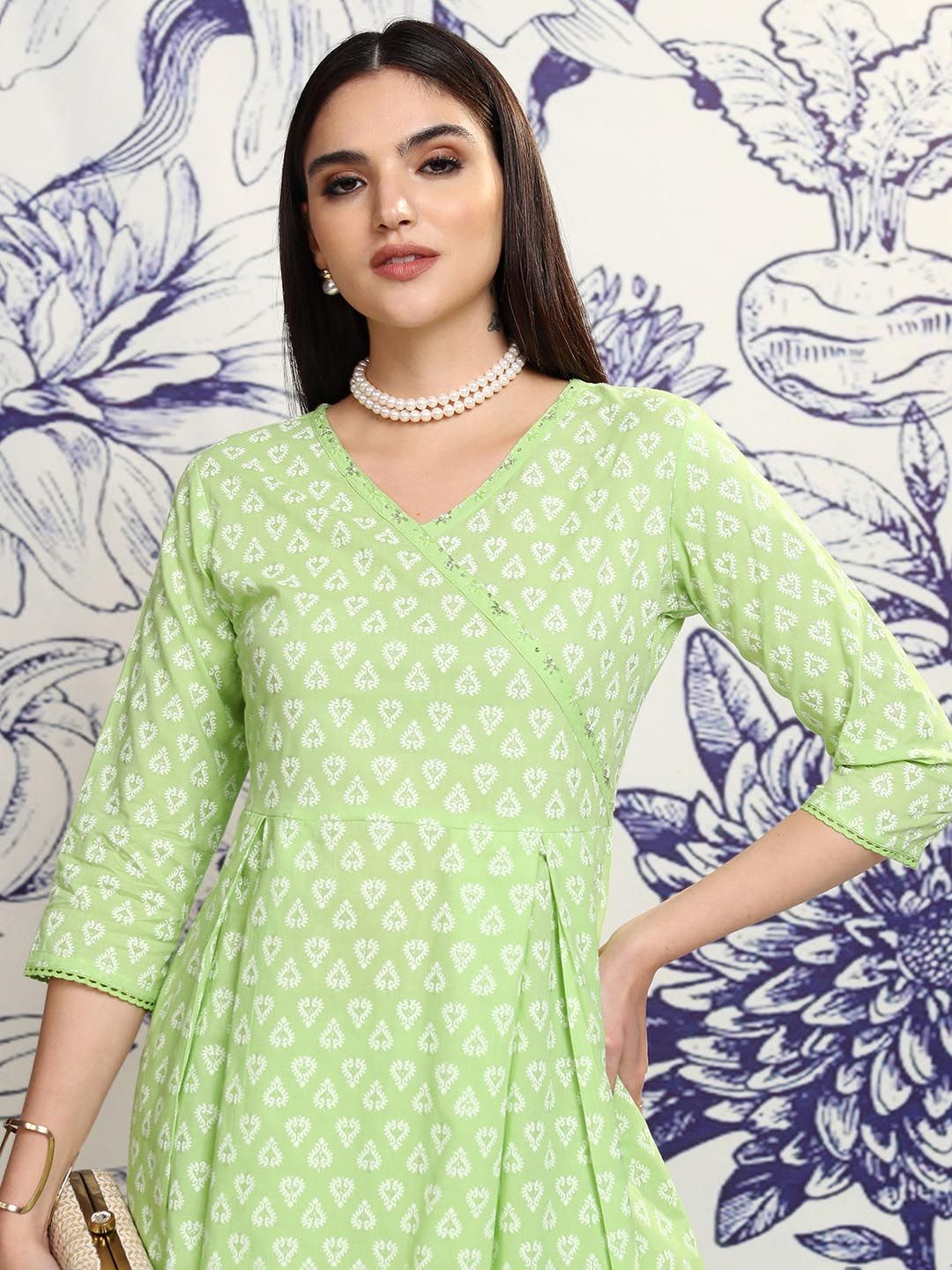 Vishudh Green Printed Pure Cotton Tunic & Trousers