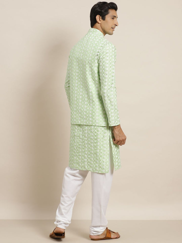 SOJANYA Set Kurta Sulam Bunga Hijau & Putih Lelaki & Jaket Nehru