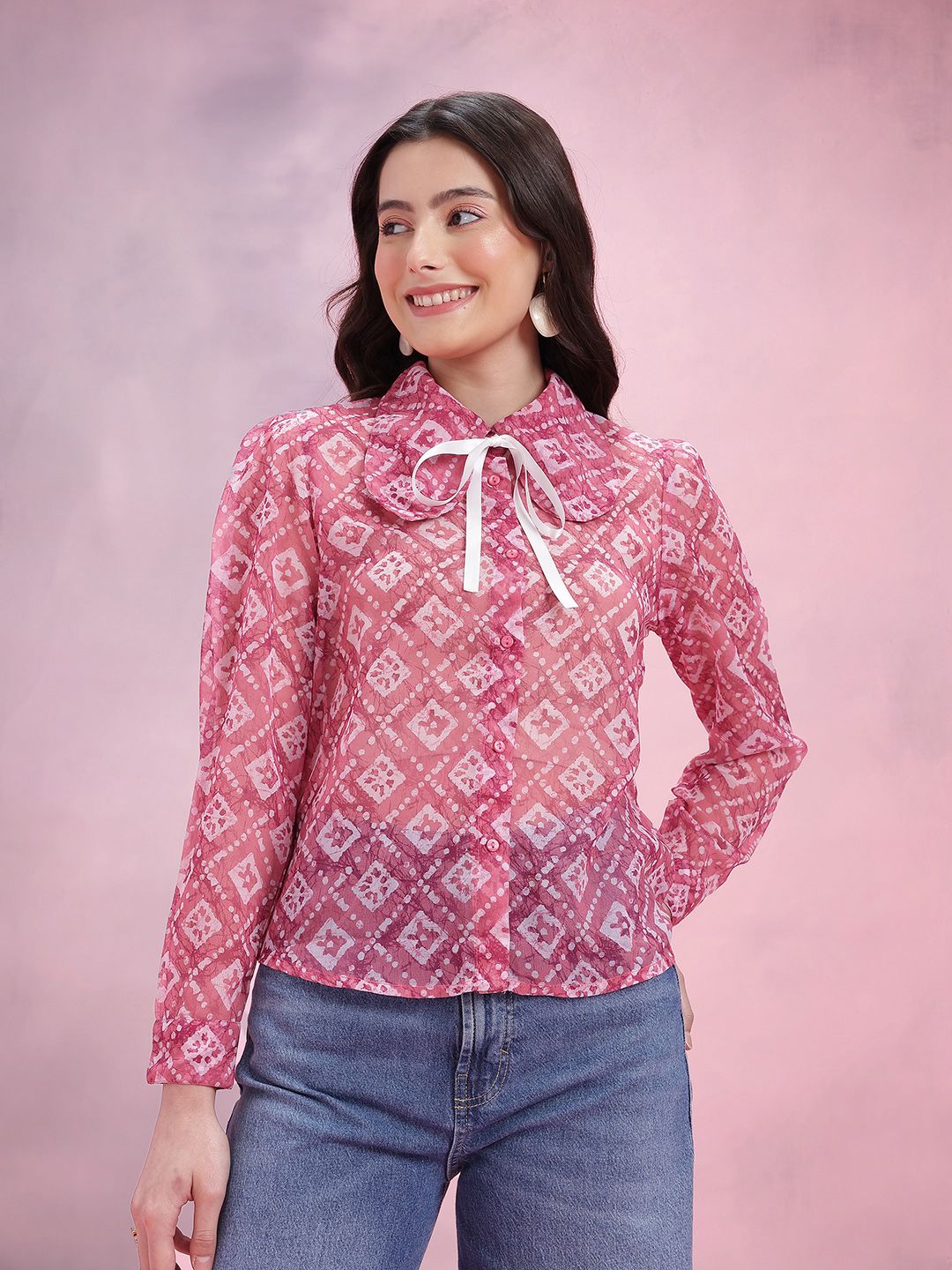DressBerry Printed Club Collar with Tie-Ups Semi Sheer Casual Shirt