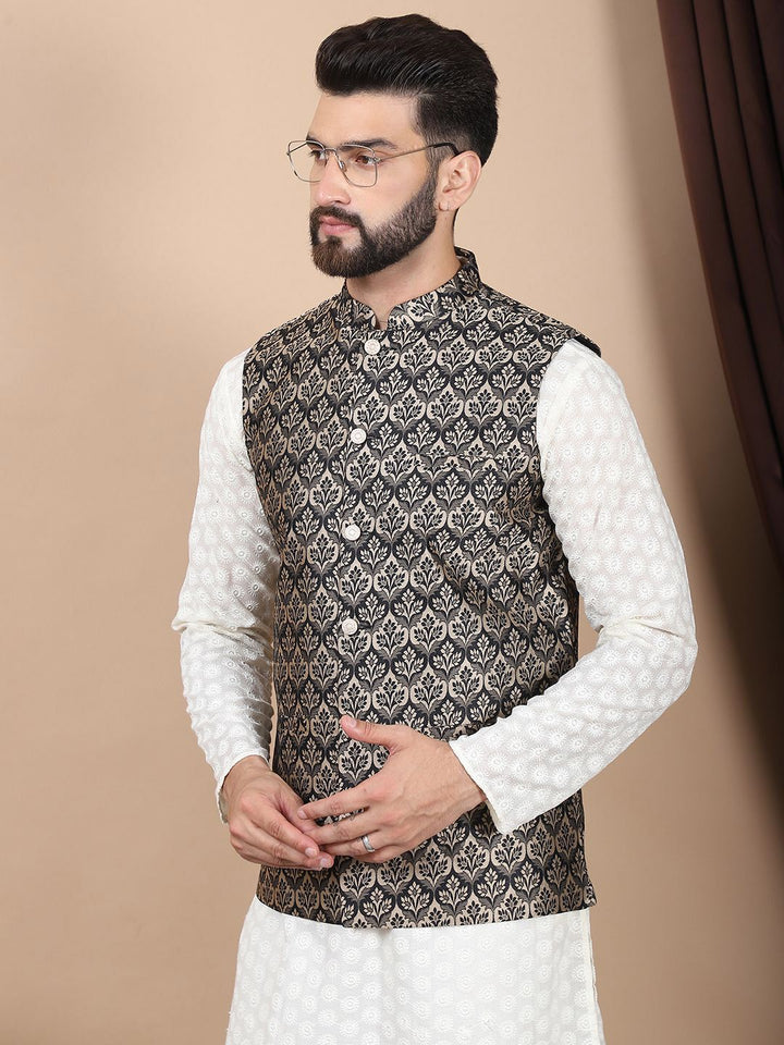 Anouk Cream-Coloured Floral Embroidered Pure Cotton Kurta with Churidar & Nehru Jacket