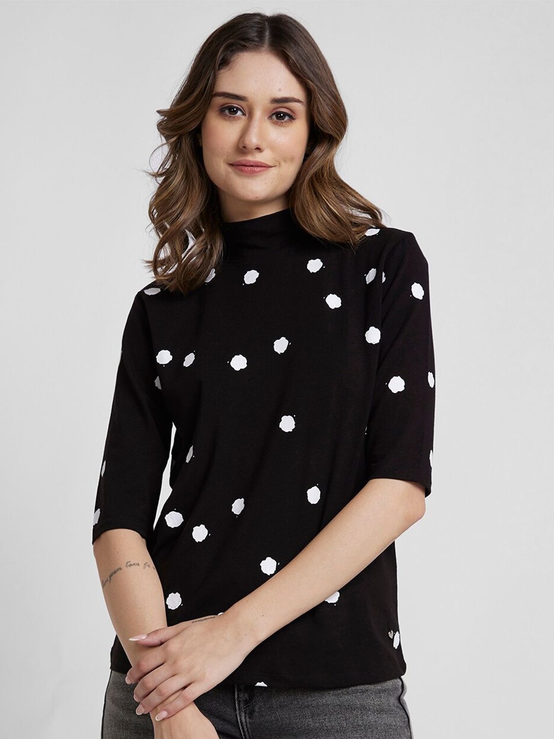 SPYKAR Polka Dots Printed High Neck Cotton Top