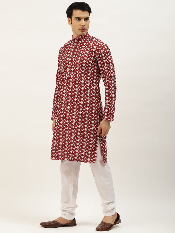 SOJANYA Men Maroon Chikankari Embroidered Kurta with Churidar & Nehru Jacket