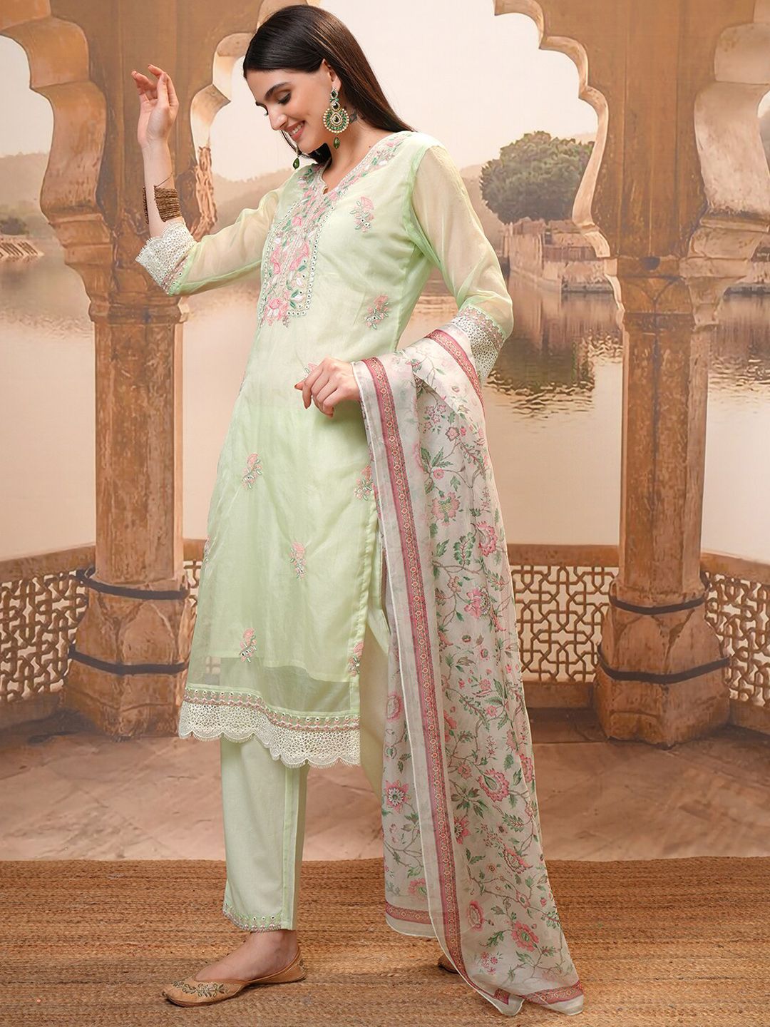 Vishudh Green Embroidered Mirror Work Pure Cotton Straight Kurta With Trousers & Dupatta
